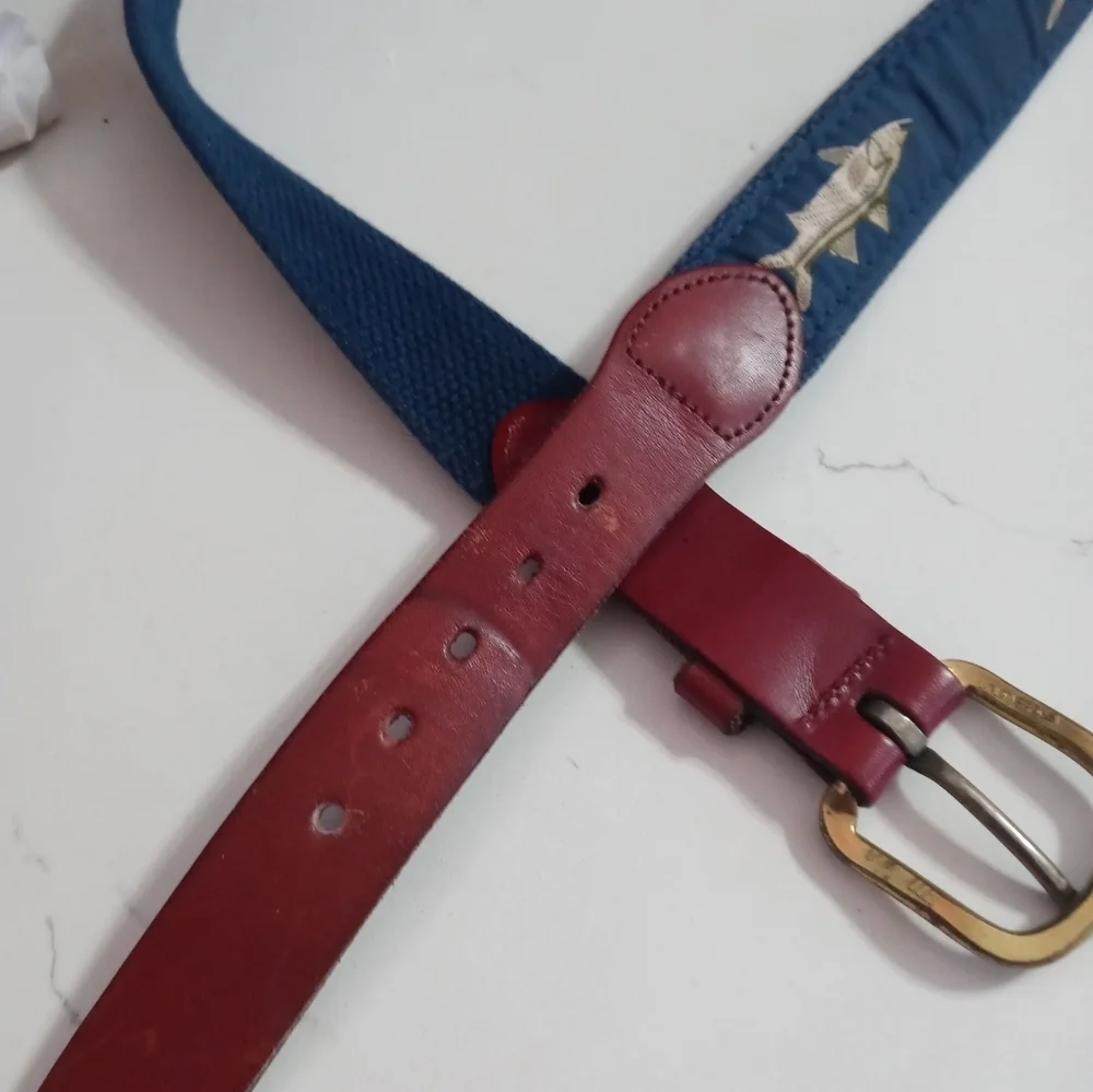 Leather Man Fish Leather and Navy blue Canvas belt Brass buckle 34